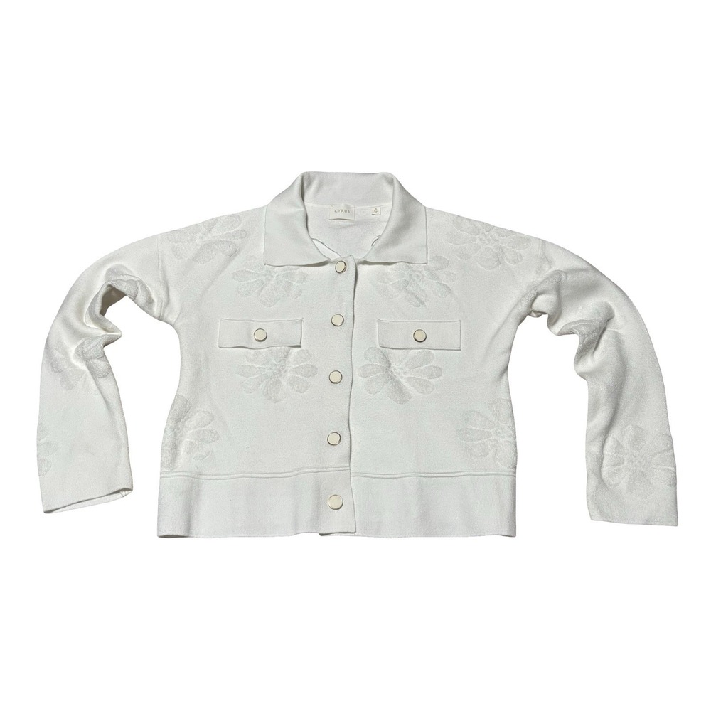 Cyrus Women's Floral Textured Polo Sweater Jacket Ivory Size Small 20 x 19.5
